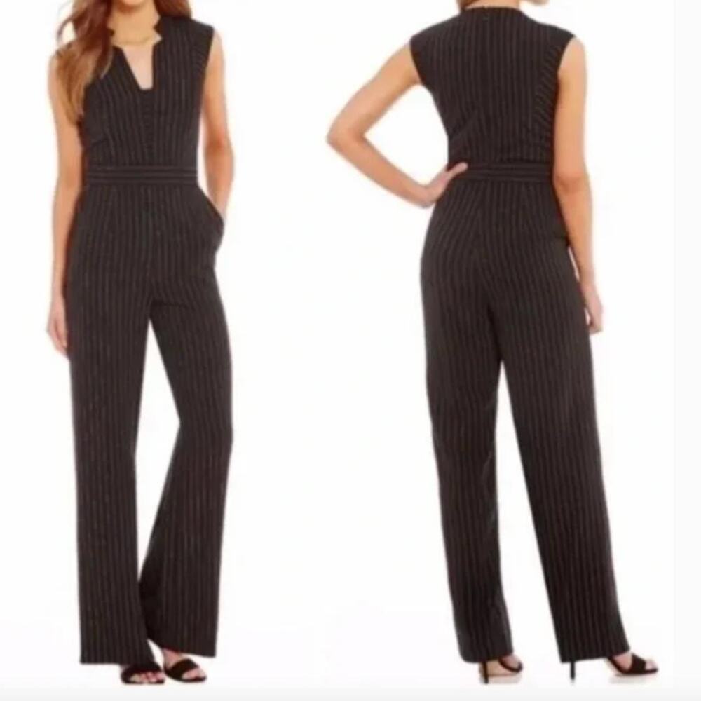 TAHARI Arthur S. Levine Black Jumpsuit Pin Stripe